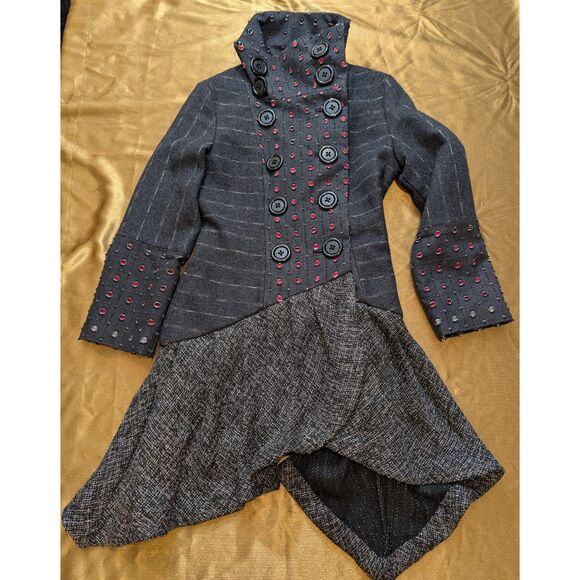 An Ren XS Wool-Blend Tailcoat Jacket Bustle Hem Gray/Red Steampunk - Picture 3 of 9